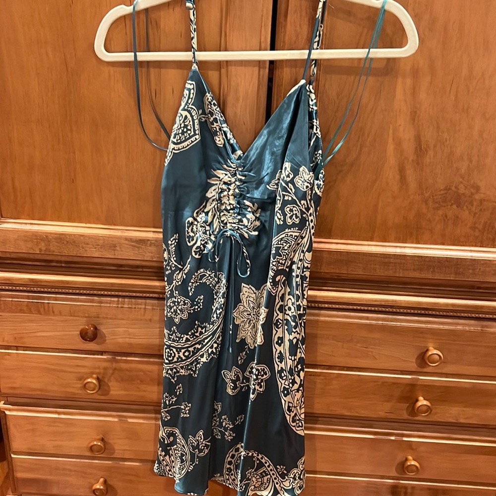 Zara, teal and white silk dress